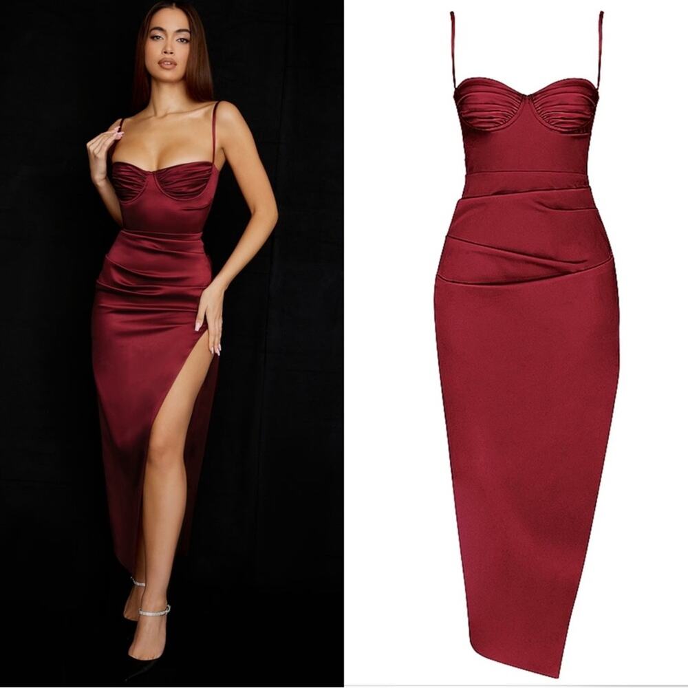 House of CB Flora Jewel Tone Satin Pleated Corset Midi Dress Size XL Wine - Picture 2 of 8